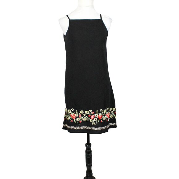 Vintage 90s Y2K Mini Dress by Bisou Bisou Size 2 Floral Embroidered Hem - Picture 1 of 11